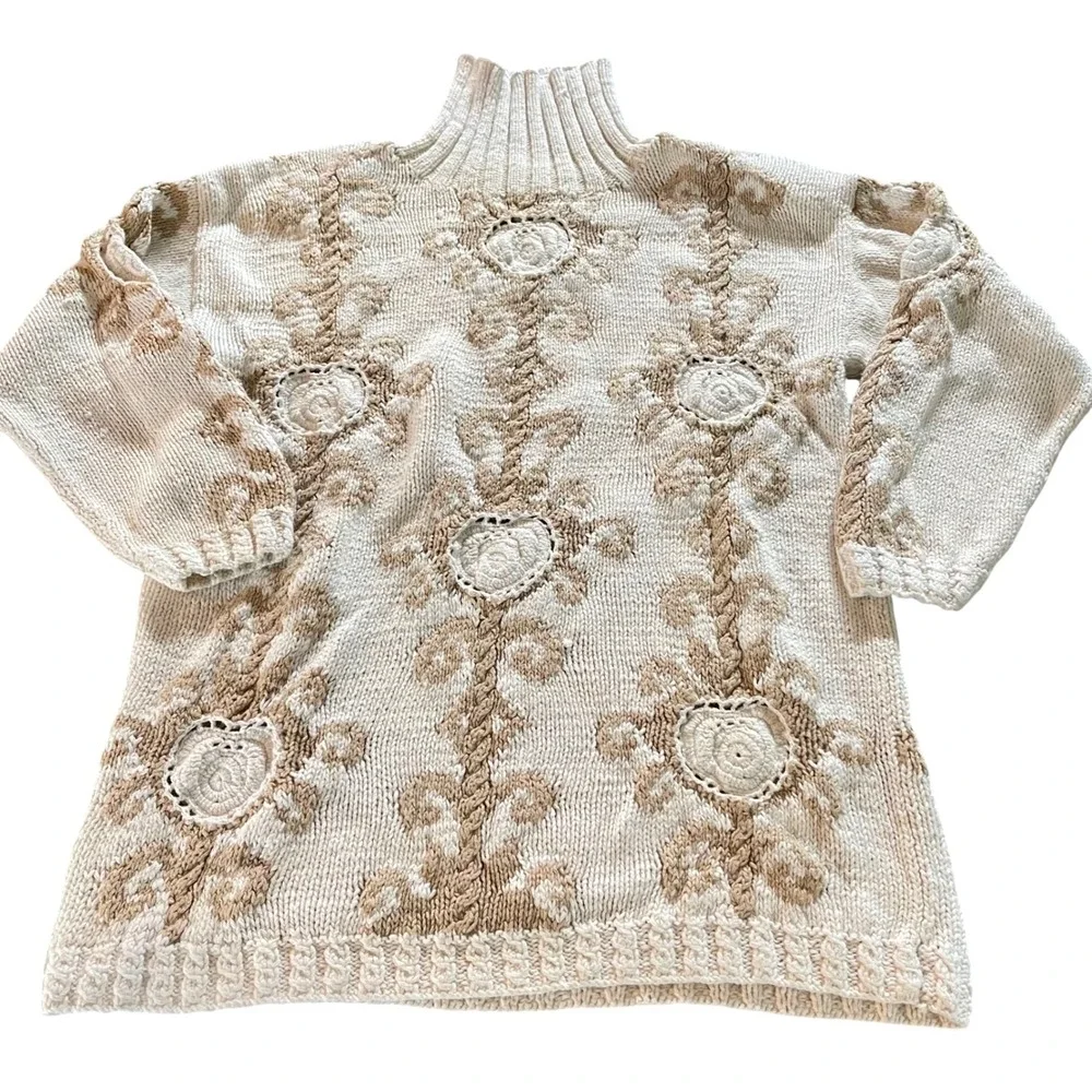 Express Tricot Sweater Womens Large Cream Floral Vintage 90s Hand Knit Mock Neck